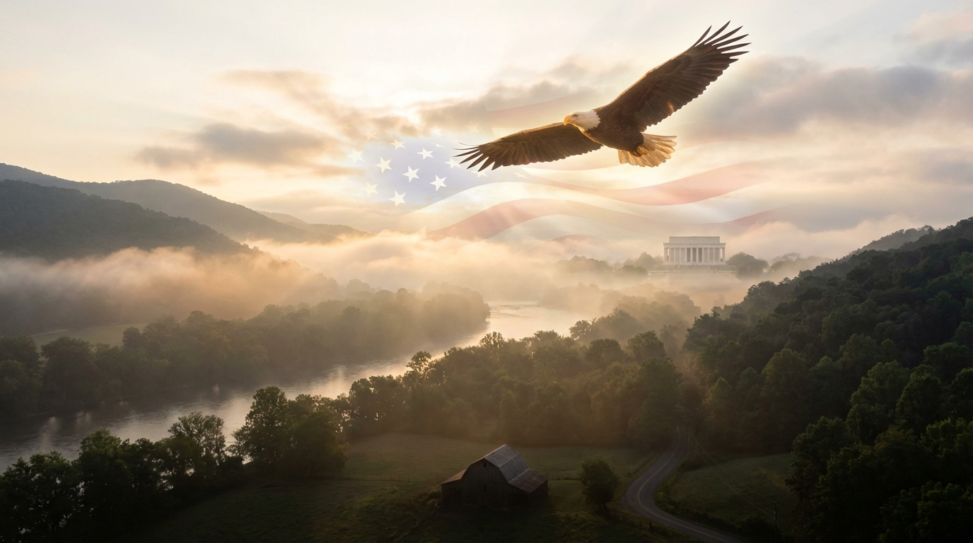 A bald eagle soaring over a misty dawn landscape, symbolizing the preservation of the Union and freedom.