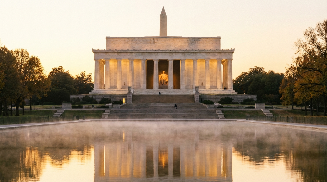 The Lincoln Memorial glowing softly at dawn, a timeless monument to his legacy.