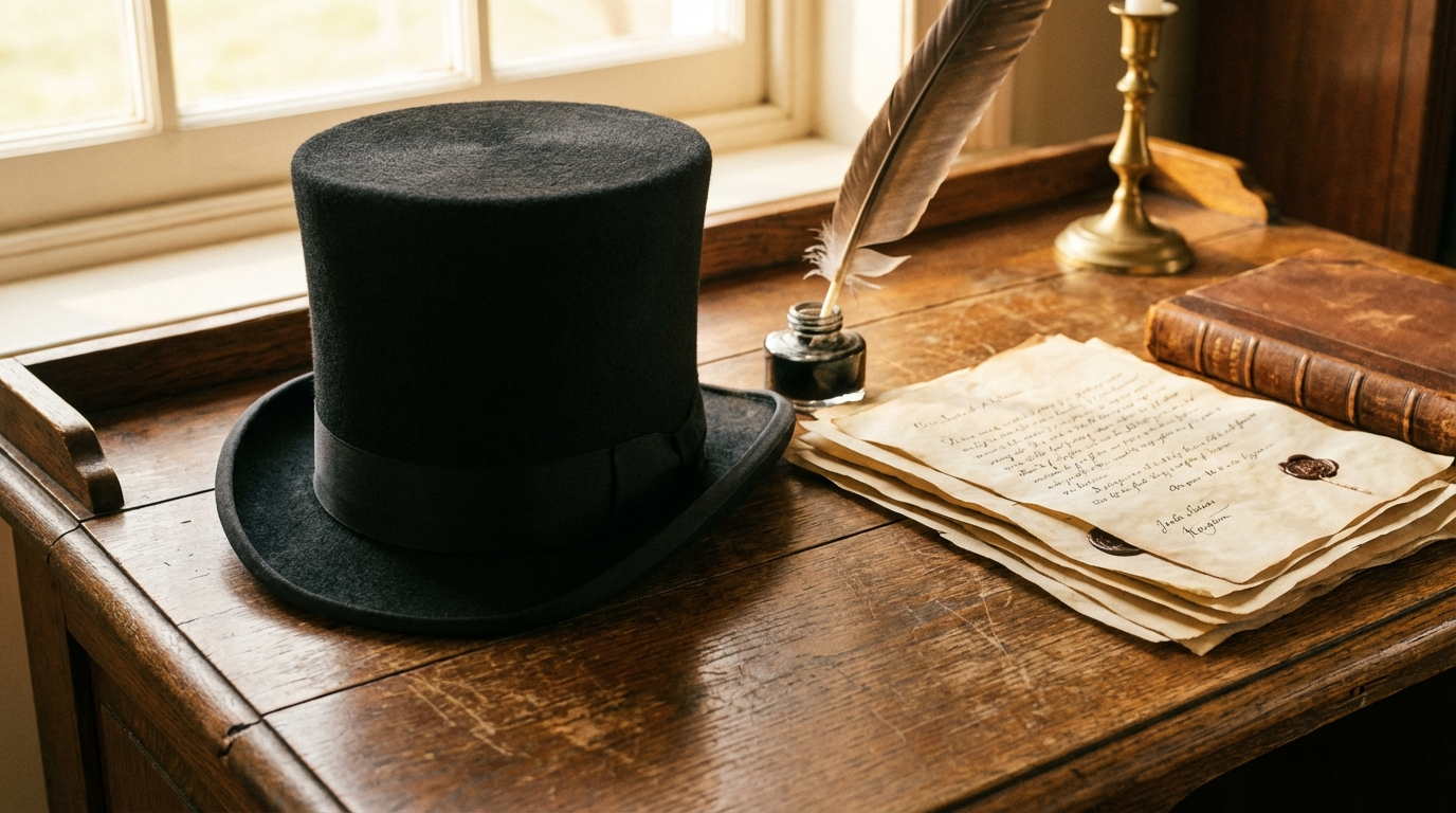 A classic top hat and quill on an antique desk, a nod to his iconic presence and writings.