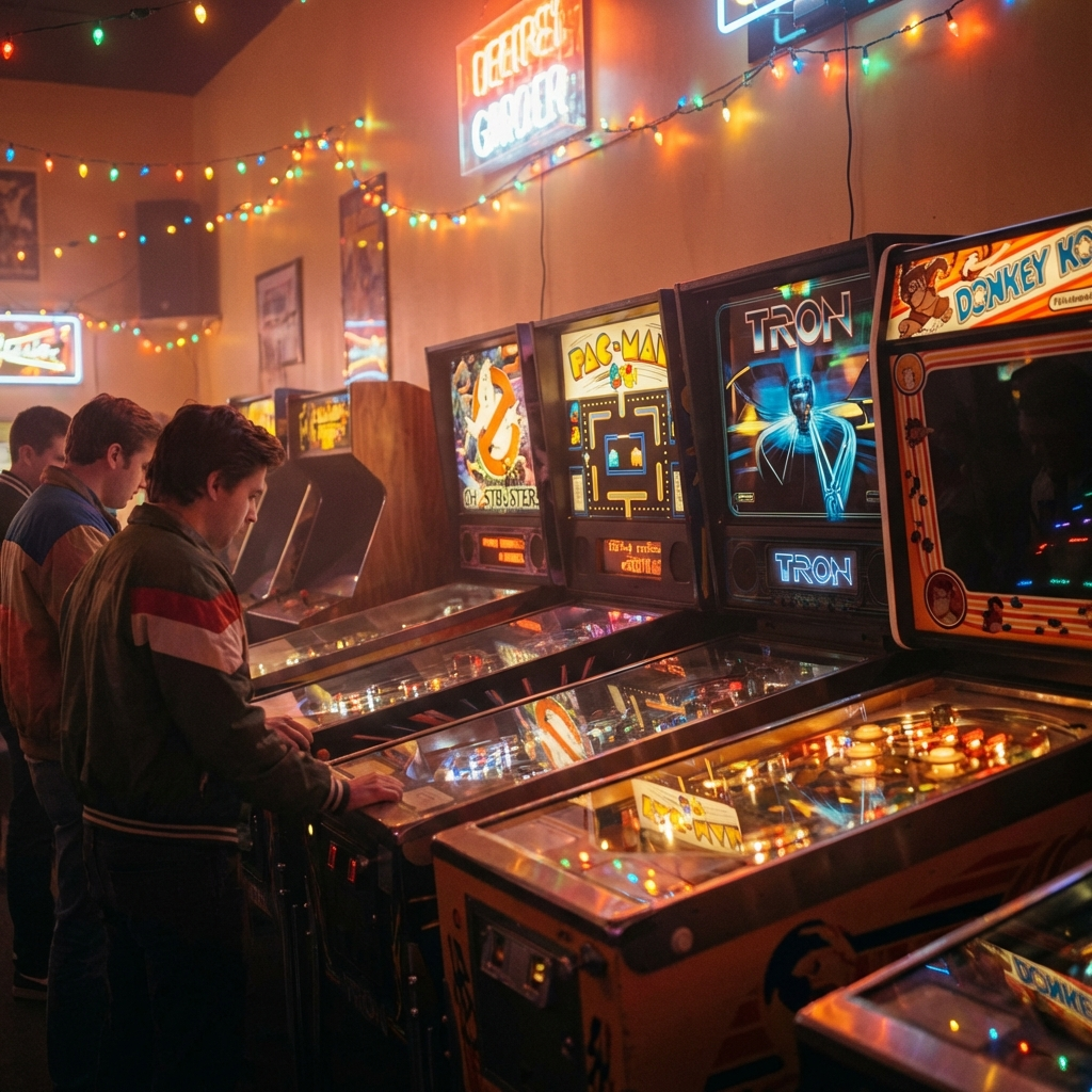 A row of glowing vintage pinball machines in a dimly lit nostalgic arcade.